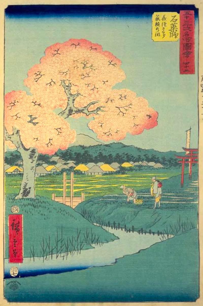 『五十三次名所図会 四十五 石薬師 義経さくら範頼の祠』
