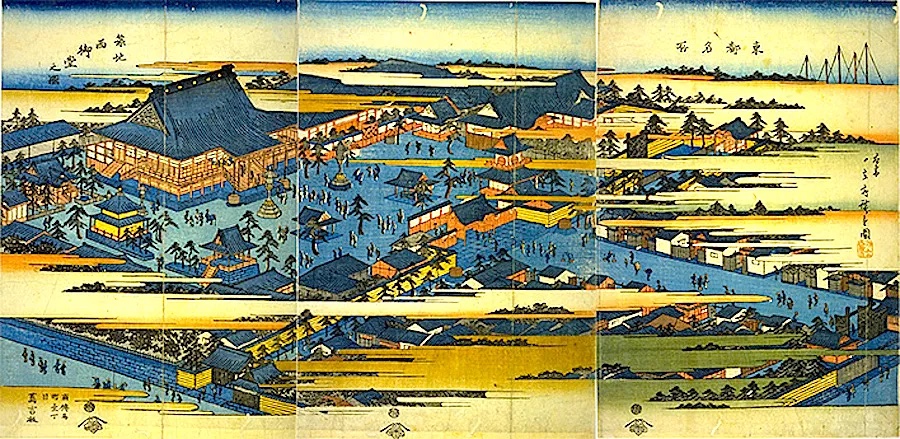 広重『東都名所 築地西御堂之図』（蔦吉版）
